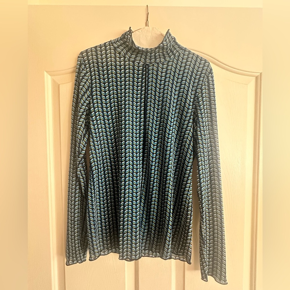 Sheer mock neck from Daily Practice, aqua, gold and navy pattern, light feel